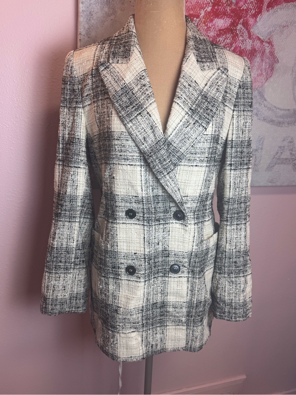 Essential Antwerp Plaid Double-Breasted Women's Blazer Jacket - Black & Cream